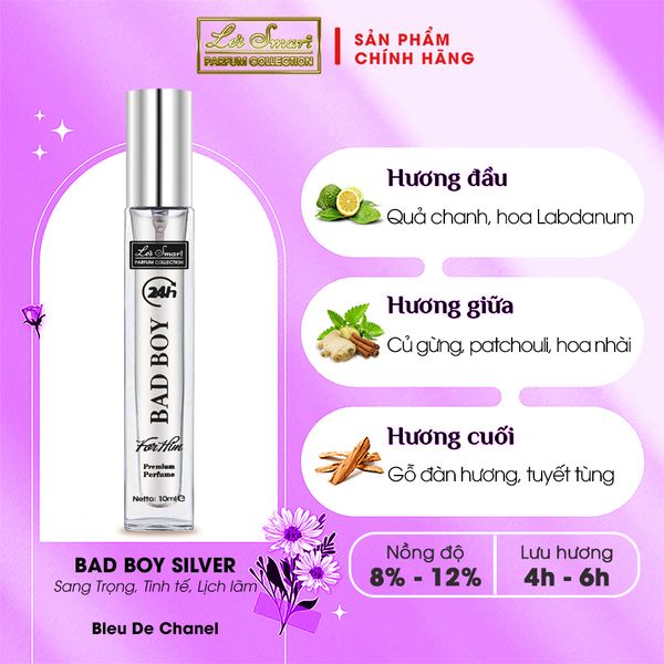 Nước hoa nam life style LE'S SMART BAD BOY 10ml SILVER (gốc hương Bleu De Chanel)