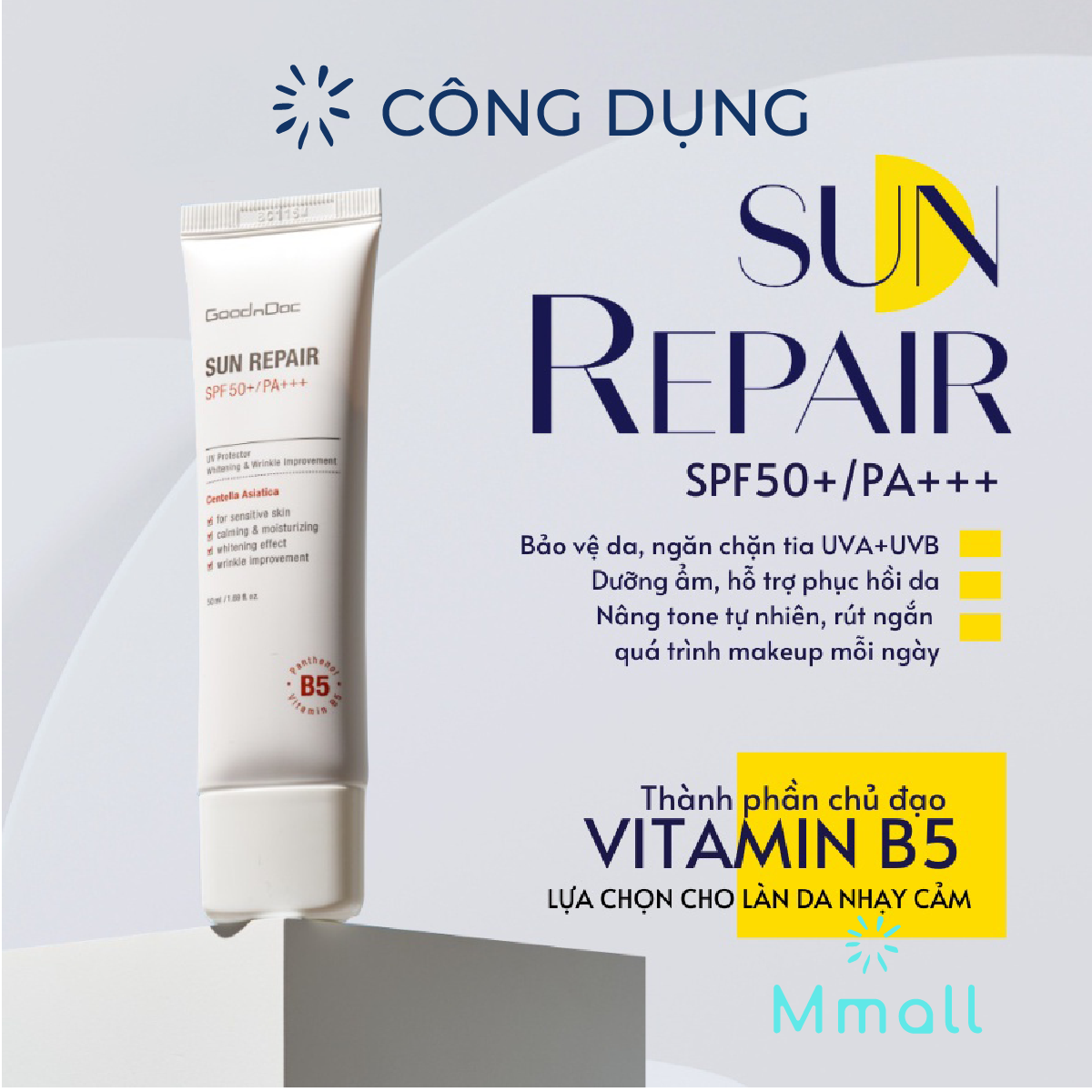  Kem Chống Nắng Nâng Tông Rau Má Tràm Trà Vitamin B5 GoodnDoc Sun Repair SPF50+ PA+++ 