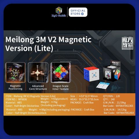  Moyu Rubik 3x3 Meilong 3M v2 Stickerless Lite/ UV 2024- MFJS MEILONG 3M V2 3X3- Zyo Rubik 