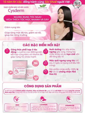  A+ NUTRITION CYSDERM NGĂN NGỪA RỤNG TÓC - KÍCH THÍCH MỌC TÓC NHANH VÀ DÀY 