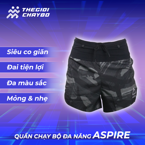  Quần Short Chạy Bộ Aspire APQ612 Đa Năng, Có Đai Belt  - Đen Họa Tiết 