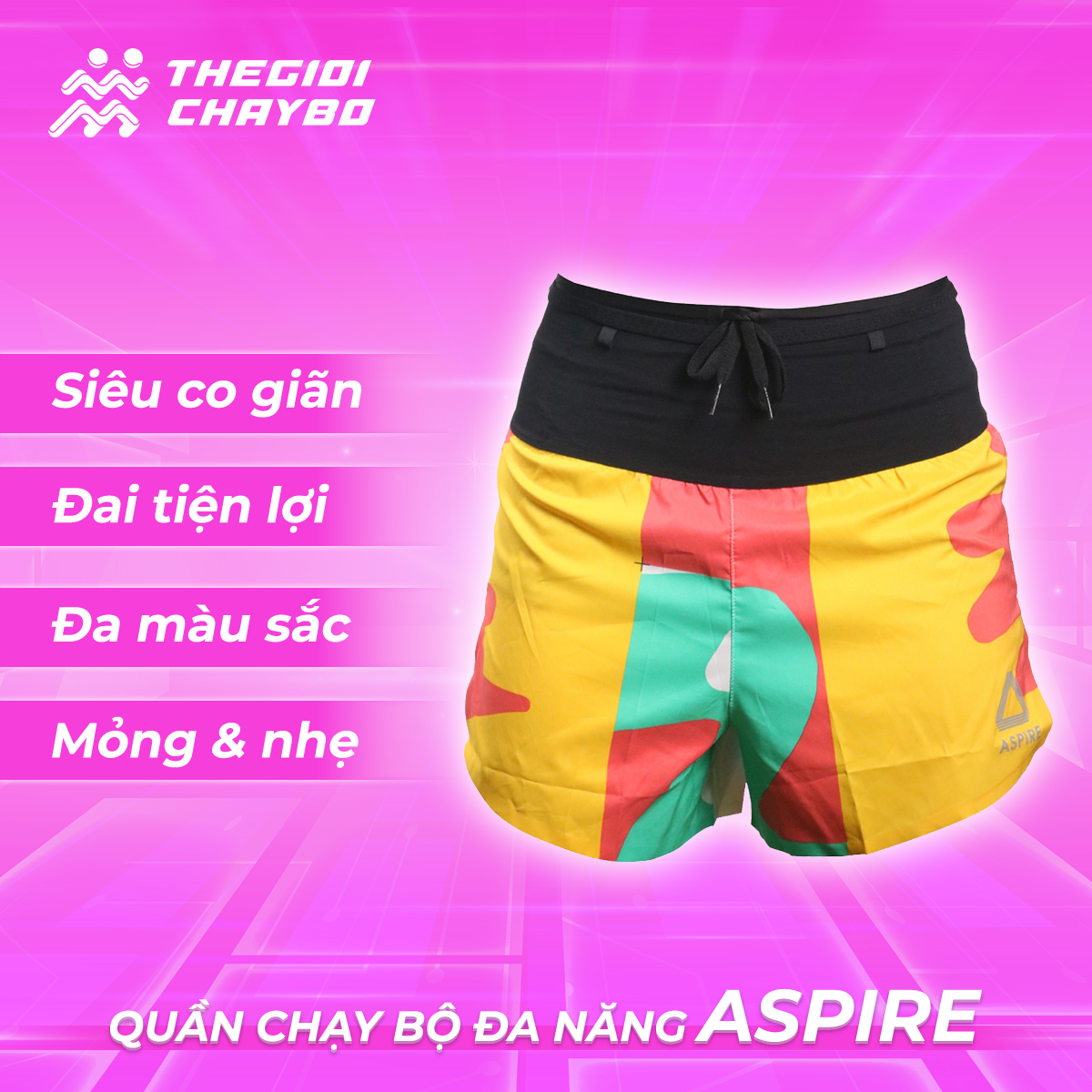  Quần Short Chạy Bộ Aspire APQ614 Đa Năng, Có Đai Belt - Cam Xanh Vàng 