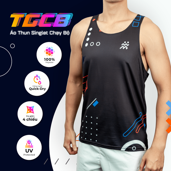  Áo Thun Singlet Chạy Bộ Nam TGCB 100% Polyester, Siêu Nhẹ, Thoáng Mát - Đen Họa Tiết 