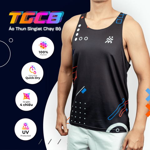  Áo Thun Singlet Chạy Bộ Nam TGCB 100% Polyester, Siêu Nhẹ, Thoáng Mát - Đen Họa Tiết 