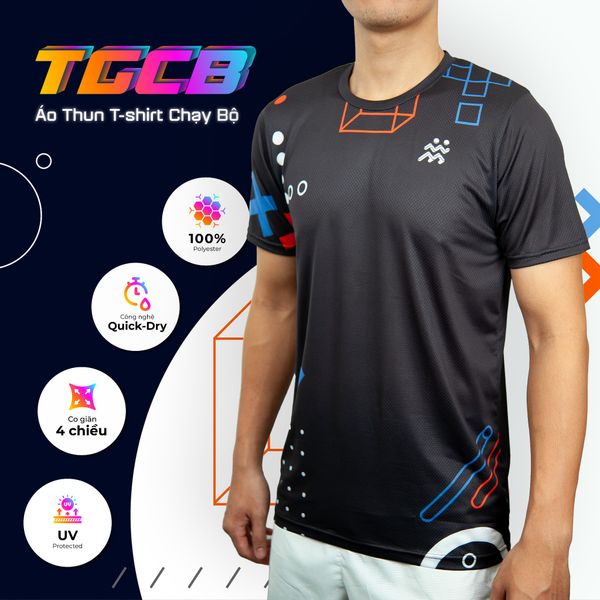  Áo Thun T-shirt Chạy Bộ Nam TGCB 100% Polyester, Thấm Hút Tốt, Nhanh Khô - Đen Họa Tiết 