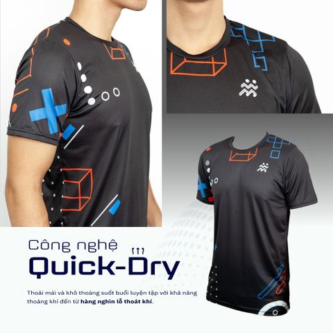 Áo Thun T-shirt Chạy Bộ Nam TGCB 100% Polyester, Thấm Hút Tốt, Nhanh Khô - Đen Họa Tiết 