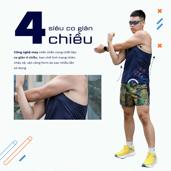  Áo Thun Singlet Chạy Bộ Nam TGCB 100% Polyester, Siêu Nhẹ, Thoáng Mát - Đen Họa Tiết 