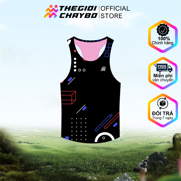  Áo Thun Singlet Chạy Bộ Nữ TGCB 100% Polyester, Siêu Nhẹ, Thoáng Mát - Đen Họa Tiết 