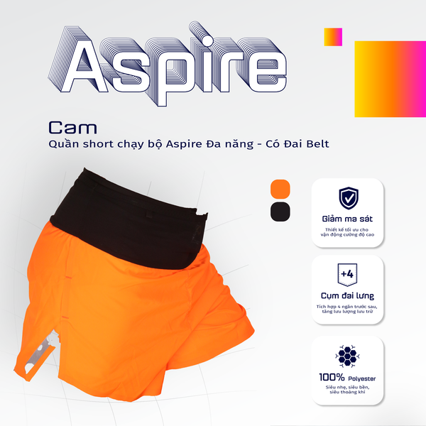  Quần Short Chạy Bộ Aspire APQ604 Đa Năng, Có Đai Belt - Cam 