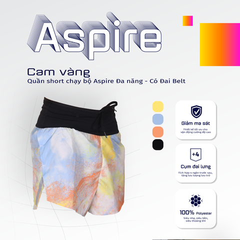  Quần Short Chạy Bộ Aspire APQ606 Đa Năng, Có Đai Belt - Vàng Cam 