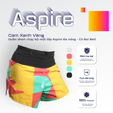  Quần Short Chạy Bộ Aspire APQ614 Đa Năng, Có Đai Belt - Cam Xanh Vàng 
