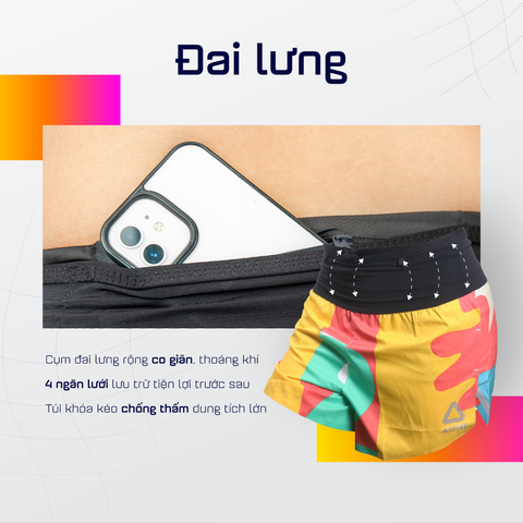  Quần Short Chạy Bộ Aspire APQ614 Đa Năng, Có Đai Belt - Cam Xanh Vàng 