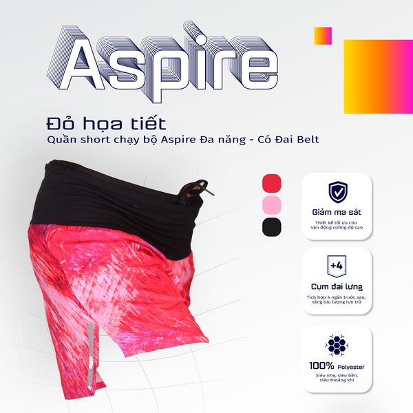  Quần Short Chạy Bộ Aspire APQ605 Đa Năng, Có Đai Belt - Đỏ Họa Tiết 