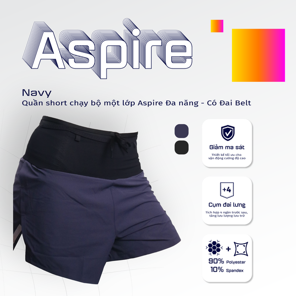  Quần Short Chạy Bộ Aspire APQ601 Đa Năng, Có Đai Belt - Navy 