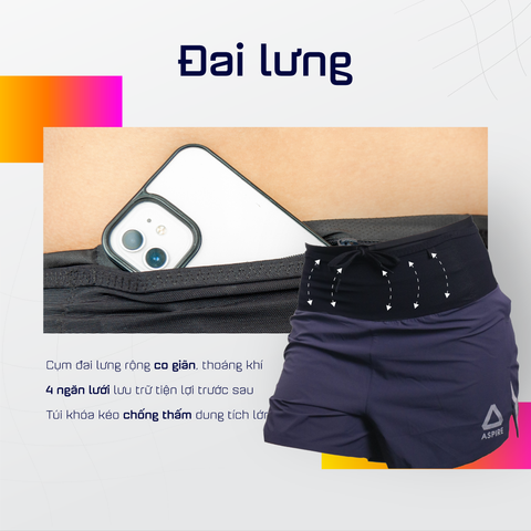  Quần Short Chạy Bộ Aspire APQ601 Đa Năng, Có Đai Belt - Navy 