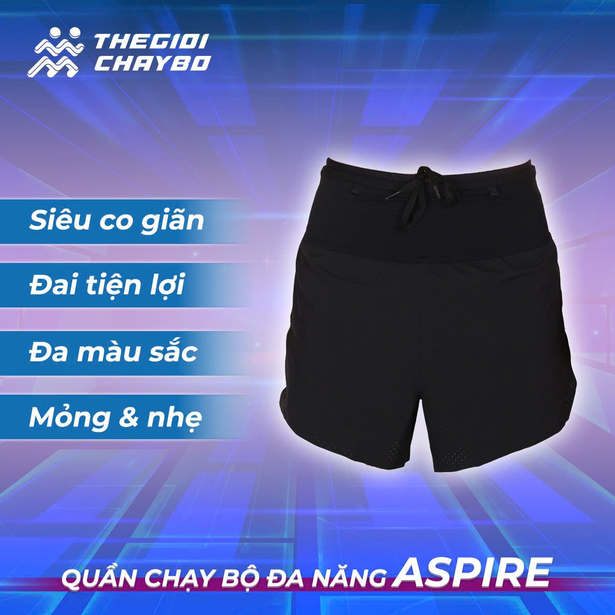  Quần Short Chạy Bộ Aspire APQ624 Đa Năng, Có Đai Belt  - Đen 