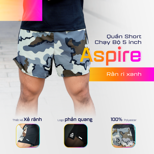  Quần Short Chạy Bộ 5 inch Aspire APQ5011 -  Rằn Ri Xanh 