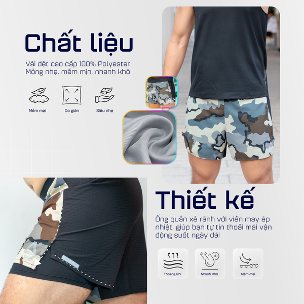  Quần Short Chạy Bộ 5 inch Aspire APQ5011 -  Rằn Ri Xanh 