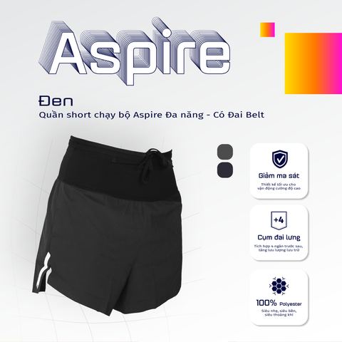  Quần Short Chạy Bộ Aspire APQ624 Đa Năng, Có Đai Belt  - Đen 