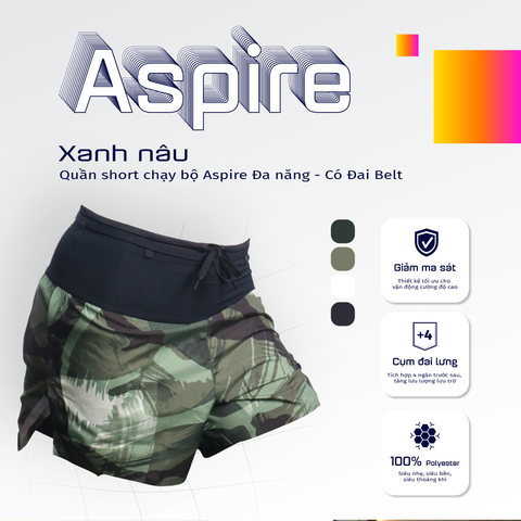  Quần Short Chạy Bộ Aspire APQ639 Đa Năng, Có Đai Belt  - Xanh Nâu 