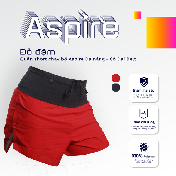  Quần Short Chạy Bộ Aspire APQ621 Đa Năng, Có Đai Belt  - Đỏ Đậm 