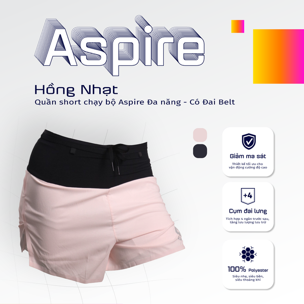 Quần Short Chạy Bộ Aspire APQ631 Đa Năng, Có Đai Belt  - Hồng Nhạt