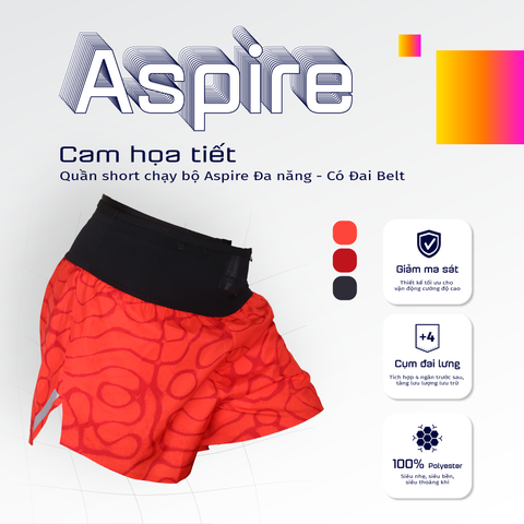 Quần Short Chạy Bộ Aspire APQ620 Đa Năng, Có Đai Belt  - Cam Họa Tiết 