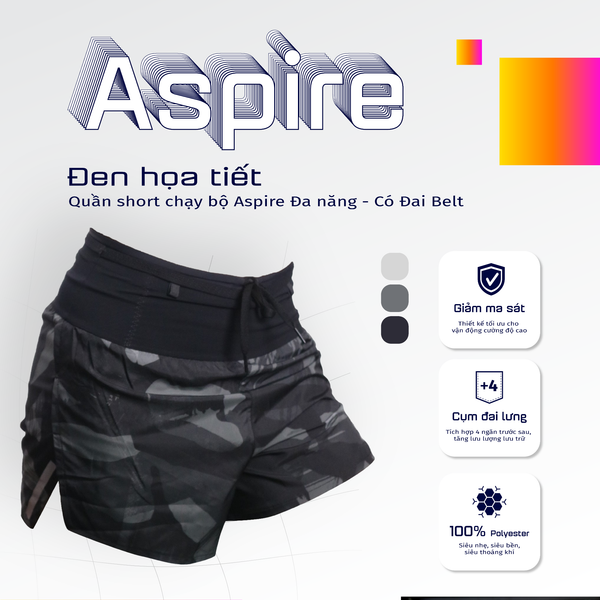  Quần Short Chạy Bộ Aspire APQ612 Đa Năng, Có Đai Belt  - Đen Họa Tiết 