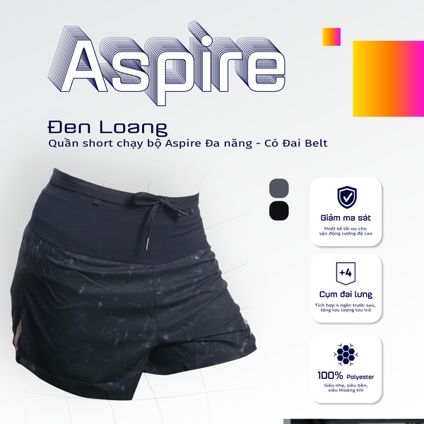  Quần Short Chạy Bộ Aspire APQ602 Đa Năng, Có Đai Belt - Đen Loang 