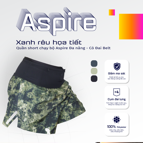  Quần Short Chạy Bộ Aspire APQ609 Đa Năng, Có Đai Belt - Xanh Rêu Họa Tiết 