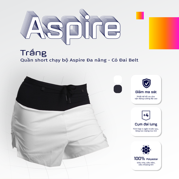 Quần Short Chạy Bộ Aspire APQ632 Đa Năng, Có Đai Belt  - Trắng 