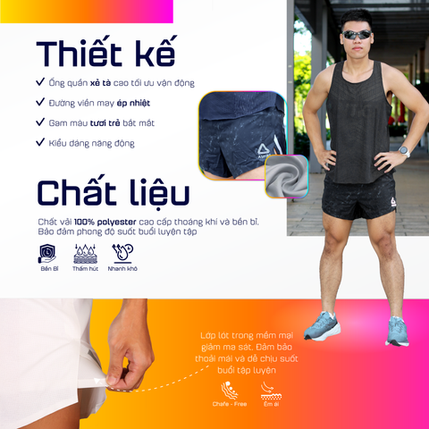  Quần Short Chạy Bộ Aspire APQ602 Đa Năng, Có Đai Belt - Đen Loang 