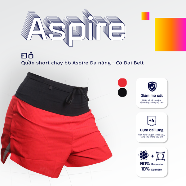  Quần Short Chạy Bộ Aspire APQ603 Đa Năng, Có Đai Belt - Đỏ 