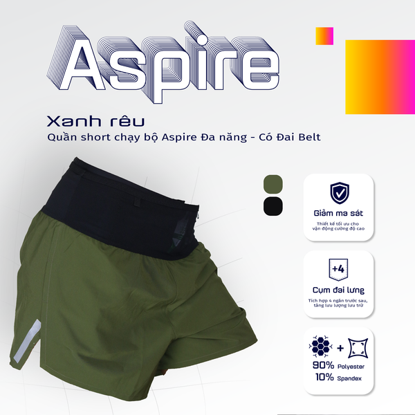  Quần Short Chạy Bộ Aspire APQ637 Đa Năng, Có Đai Belt - Xanh Rêu 