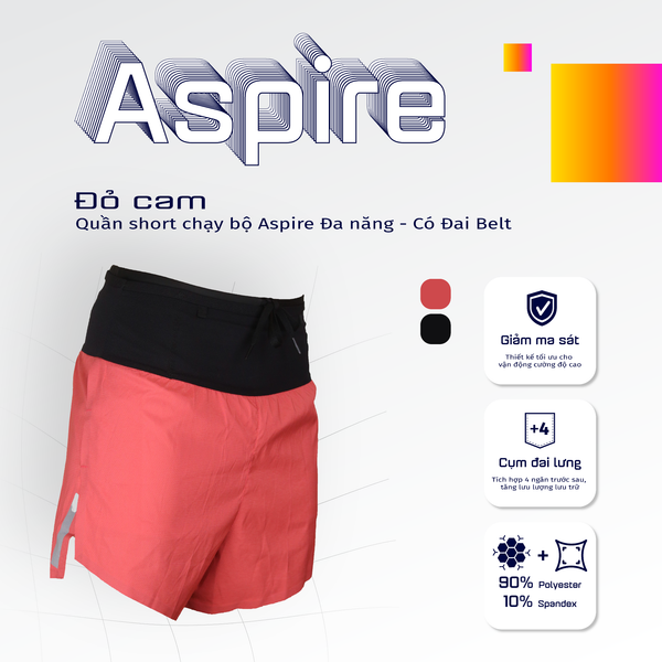  Quần Short Chạy Bộ Aspire APQ629 Đa Năng, Có Đai Belt  - Đỏ Cam 