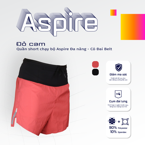  Quần Short Chạy Bộ Aspire APQ629 Đa Năng, Có Đai Belt  - Đỏ Cam 