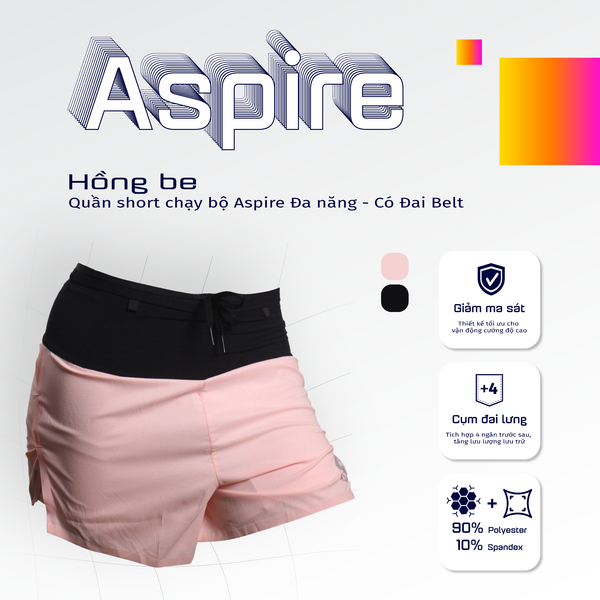  Quần Short Chạy Bộ Aspire APQ630 Đa Năng, Có Đai Belt  - Hồng Be 
