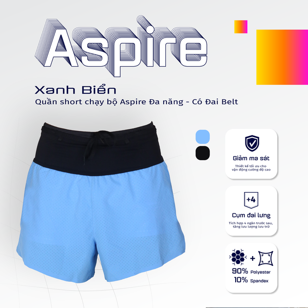  Quần Short Chạy Bộ Aspire APQ627 Đa Năng, Có Đai Belt  - Xanh Biển 