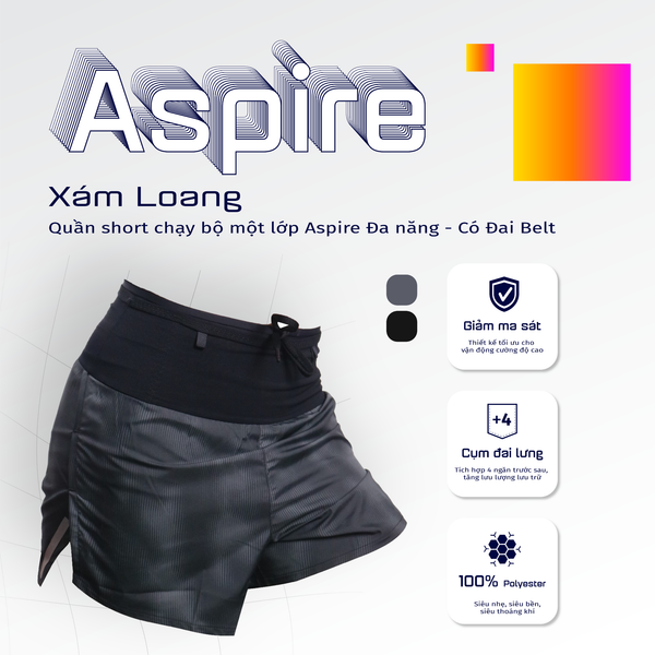  Quần Short Chạy Bộ Aspire APQ619 Đa Năng, Có Đai Belt  - Xám Loang 
