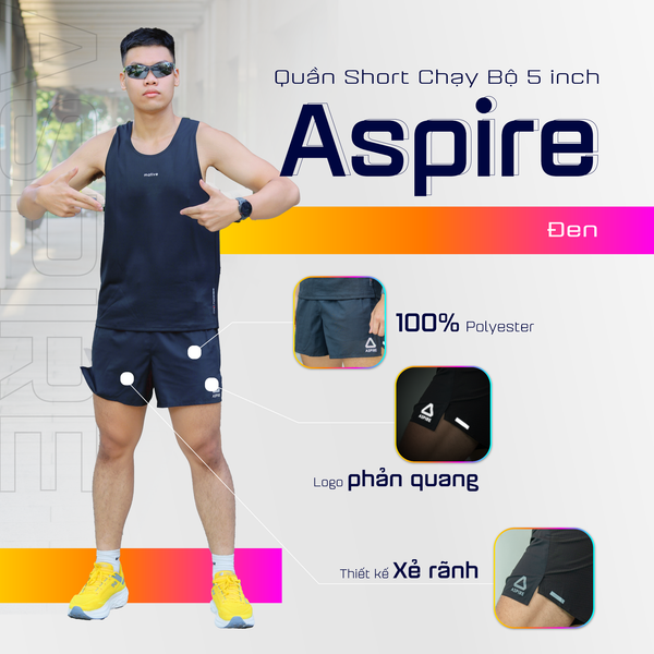  Quần Short Chạy Bộ 5 inch Aspire APQ505 - Đen Caro 