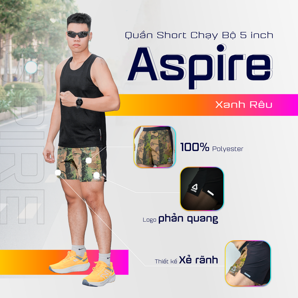  Quần Short Chạy Bộ 5 inch Aspire APQ5010 -  Rằn Ri Rêu 
