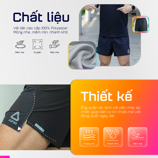  Quần Short Chạy Bộ 5 inch Aspire APQ505 - Đen Caro 