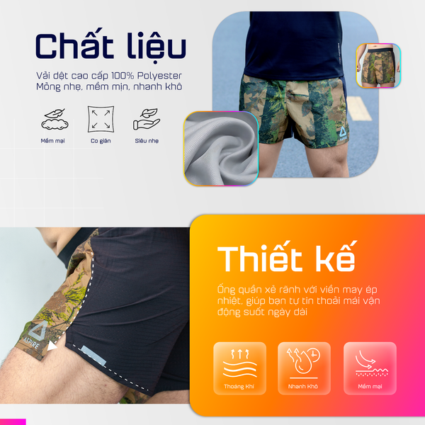  Quần Short Chạy Bộ 5 inch Aspire APQ5010 -  Rằn Ri Rêu 