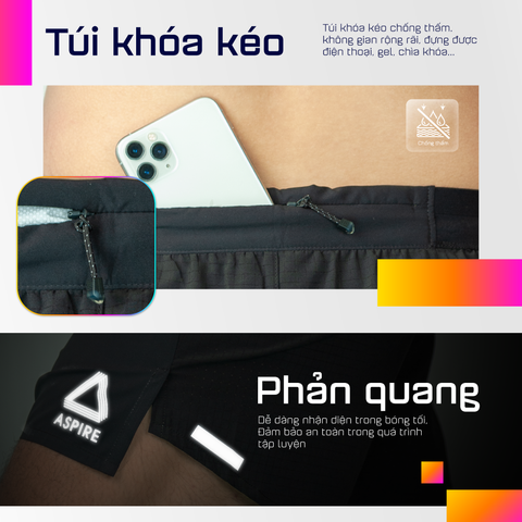  Quần Short Chạy Bộ 5 inch Aspire APQ505 - Đen 