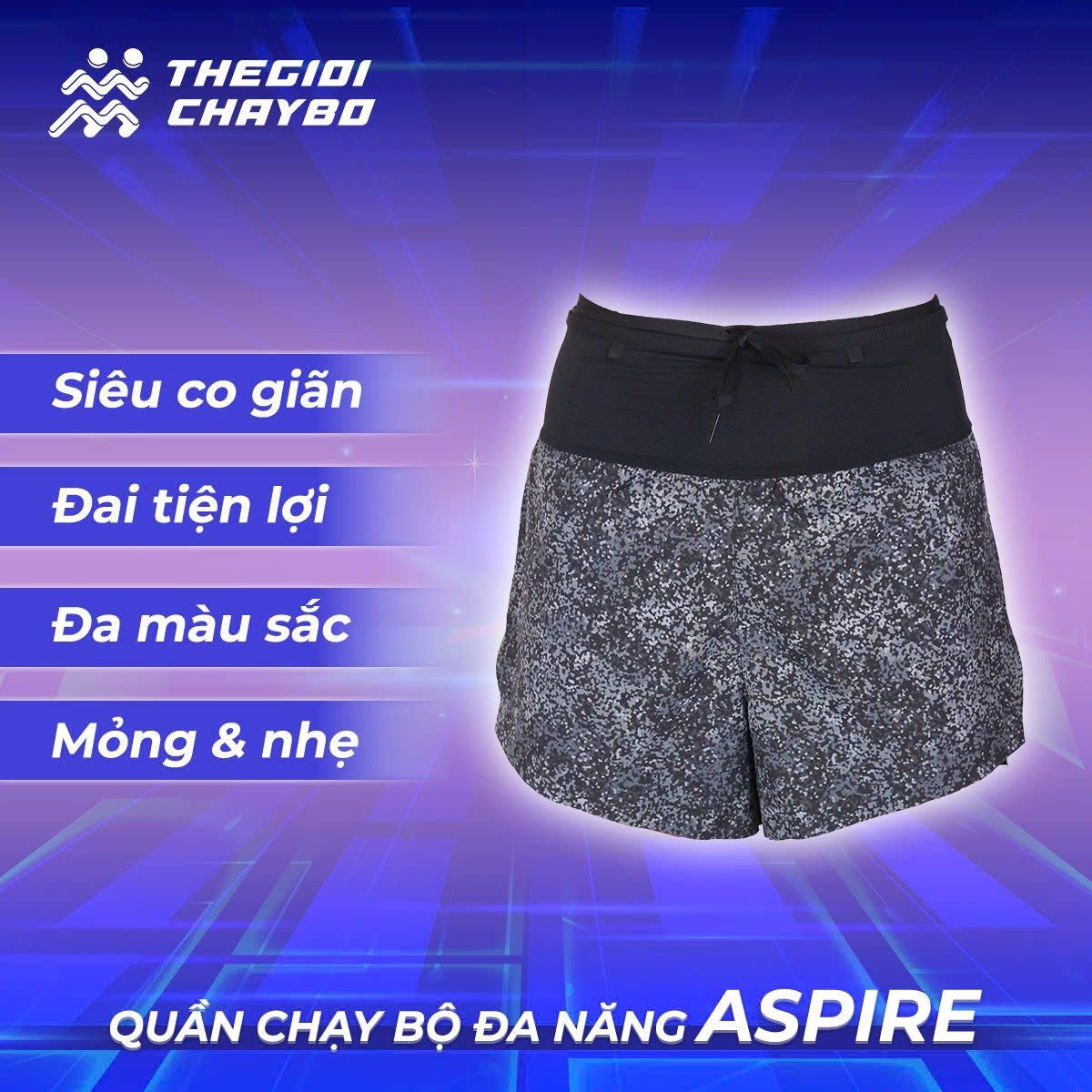  Quần Short Chạy Bộ Aspire APQ636 Đa Năng, Có Đai Belt - Đen Chấm Trắng 