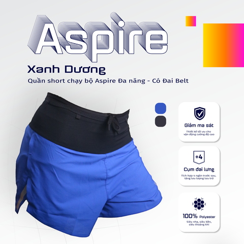  Quần Short Chạy Bộ Aspire APQ640 Đa Năng, Có Đai Belt  - Xanh Dương 