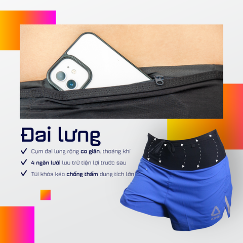  Quần Short Chạy Bộ Aspire APQ640 Đa Năng, Có Đai Belt  - Xanh Dương 