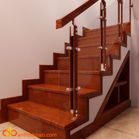 Cầu thang kính tay vịn gỗ ATB1