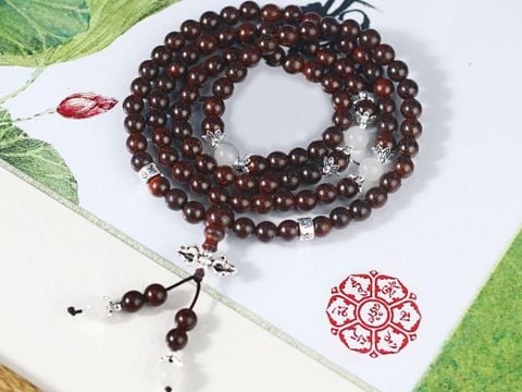 Tràng hạt niệm Phật Vương Mộc Tử Đàn, Tràng hạt tử đàn mix ngọc bích, charm om mani padme hum ( VHM 506 )