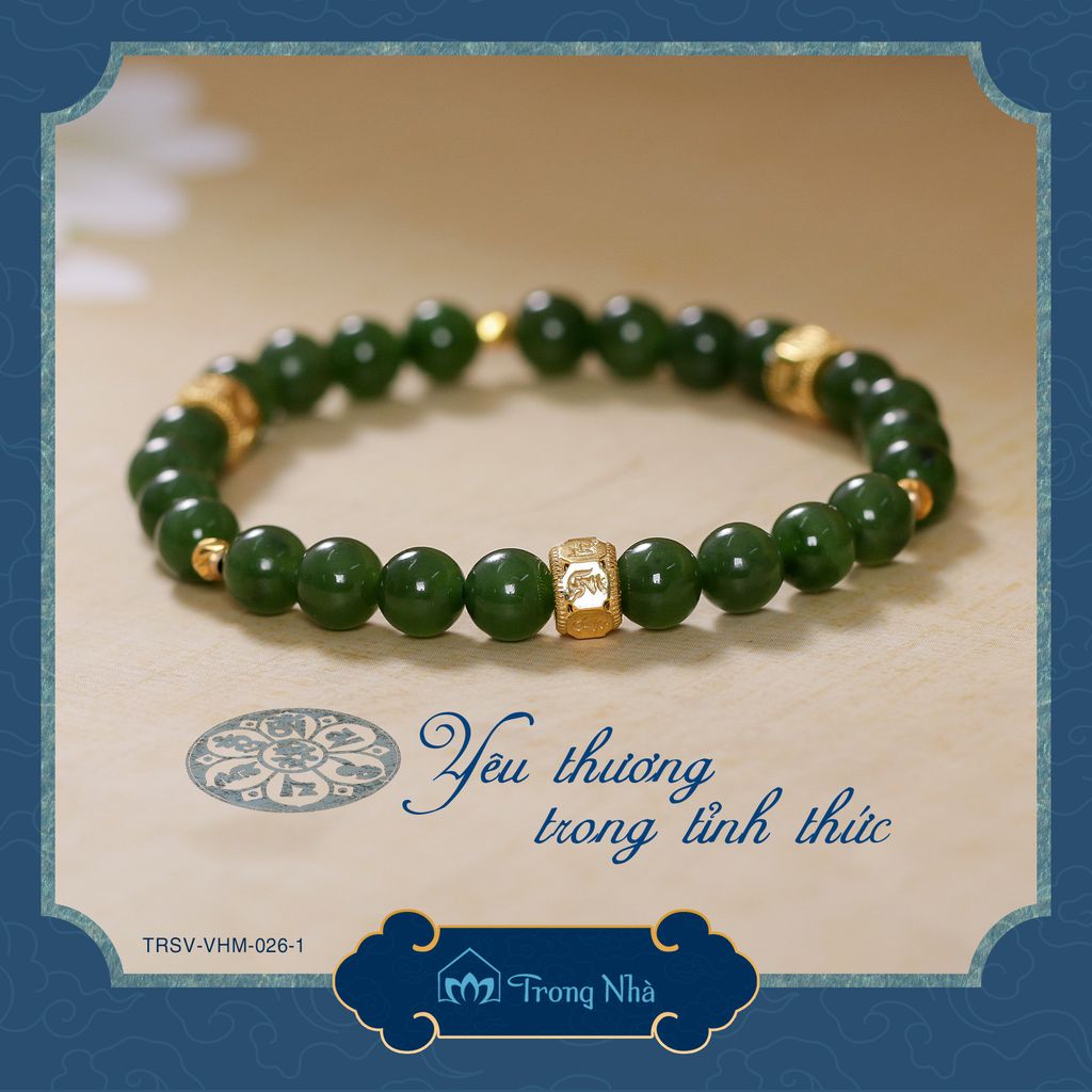Vòng Ngọc Bích 6 li mix charm vàng Om Mani Padme Hum (TRSV VHM 026)